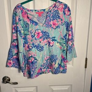Lilly Pulitzer Beach You To It Tosha Pink Blue Quarter Sleeve Top